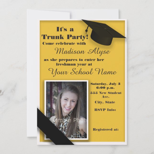 Yellow and White Trunk College Party Photo Invitation (Front)