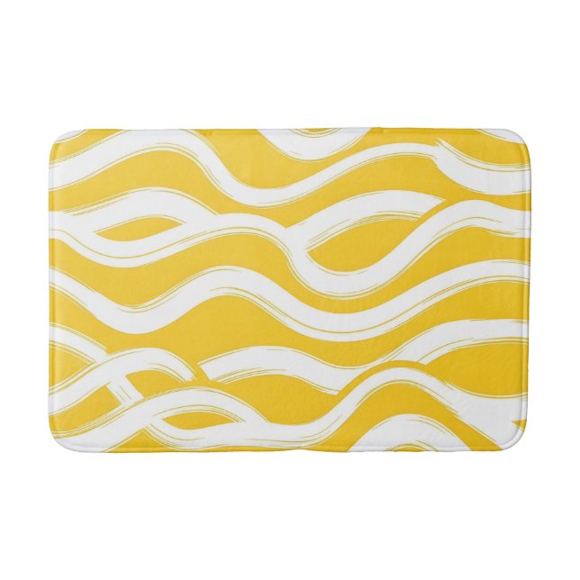 Yellow and White Wavy Brushstroke Pattern Modern  Bath Mat (Front)