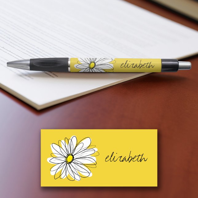 Yellow and White Whimsical Daisy with Custom Text (Personalized writing pens - add your name or other text)