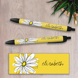 Yellow and White Whimsical Daisy with Custom Text Black Ink Pen