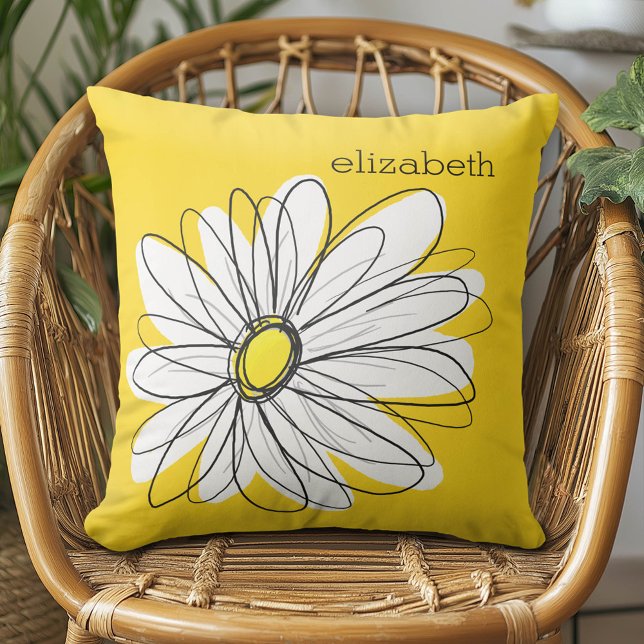 Yellow and White Whimsical Daisy with Custom Text Cushion (Whimsical Daisy Pillow)