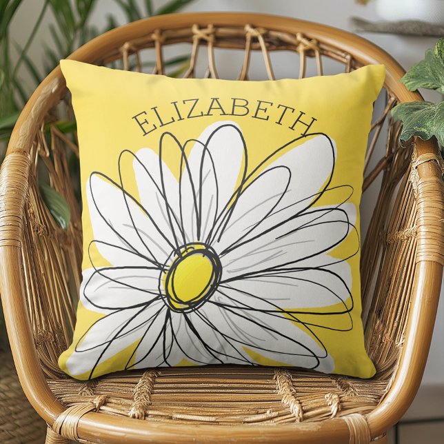 Yellow and White Whimsical Daisy with Custom Text Cushion (Custom Monogram Pillow)