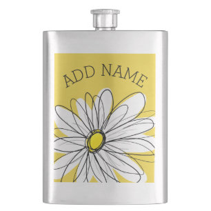 Yellow and White Whimsical Daisy with Custom Text Hip Flask