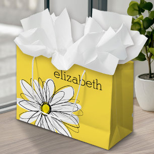 Yellow and White Whimsical Daisy with Custom Text Large Gift Bag