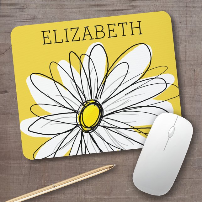 Yellow and White Whimsical Daisy with Custom Text Mouse Mat (Personalized mousepad - add your custom text)