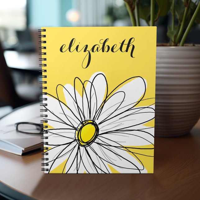 Yellow and White Whimsical Daisy with Custom Text Notebook (Personalized notebook - add your name or other text)