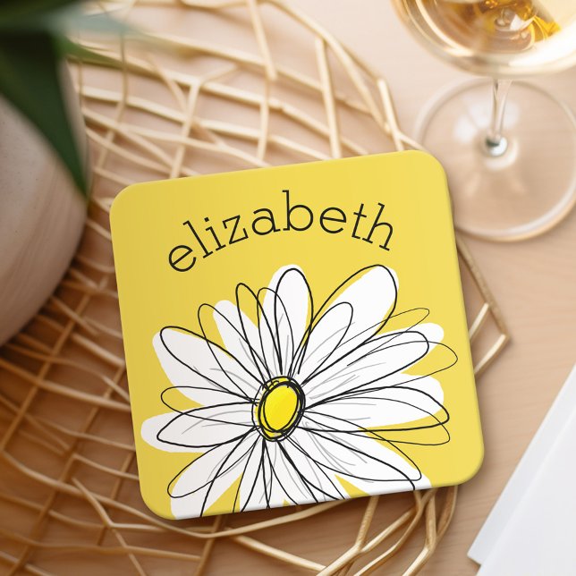 Yellow and White Whimsical Daisy with Custom Text Square Paper Coaster (Personalized Coaster with a whimsical daisy)