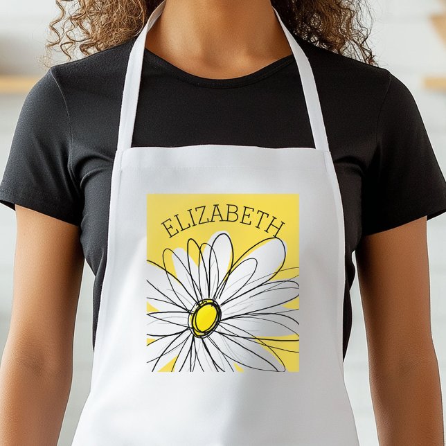 Yellow and White Whimsical Daisy with Custom Text Standard Apron (Personalized Kitchen Apron)