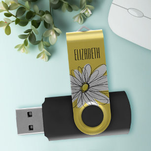 Yellow and White Whimsical Daisy with Custom Text USB Flash Drive