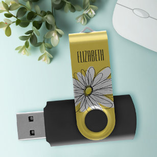 Yellow and White Whimsical Daisy with Custom Text USB Flash Drive