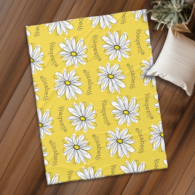 Yellow and White Whimsical Daisy with Name Fleece Blanket (Personalized fleece blanket with whimsical daisy)