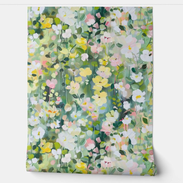 Yellow and White Wildflowers on Green Wallpaper (Unrolling)