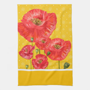 Yellow and White with Summery Red Poppies Tea Towel