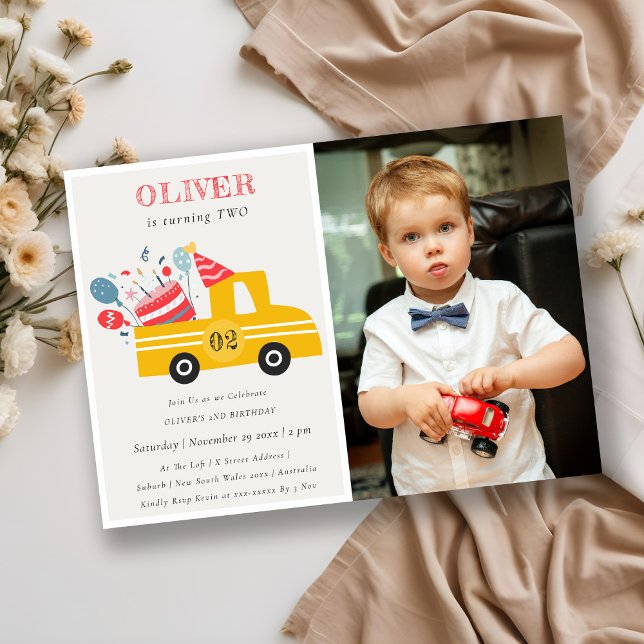 Yellow Any Age Birthday Cake Truck Photo Invite (Creator Uploaded)
