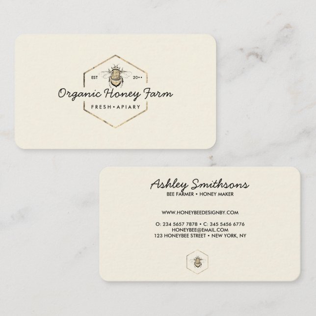 Yellow Apiarist Logo Gold Bumble Bee Honeycomb Business Card (Front/Back)