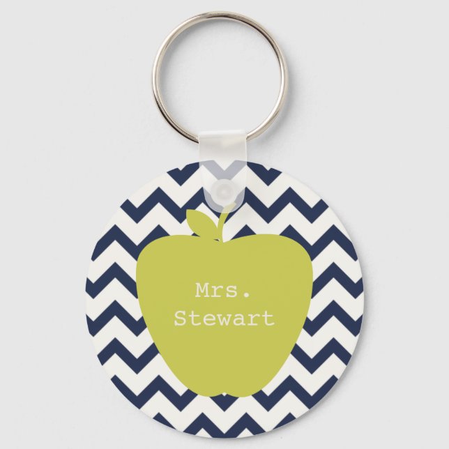 Yellow Apple & Navy Chevron Teacher Key Ring (Front)