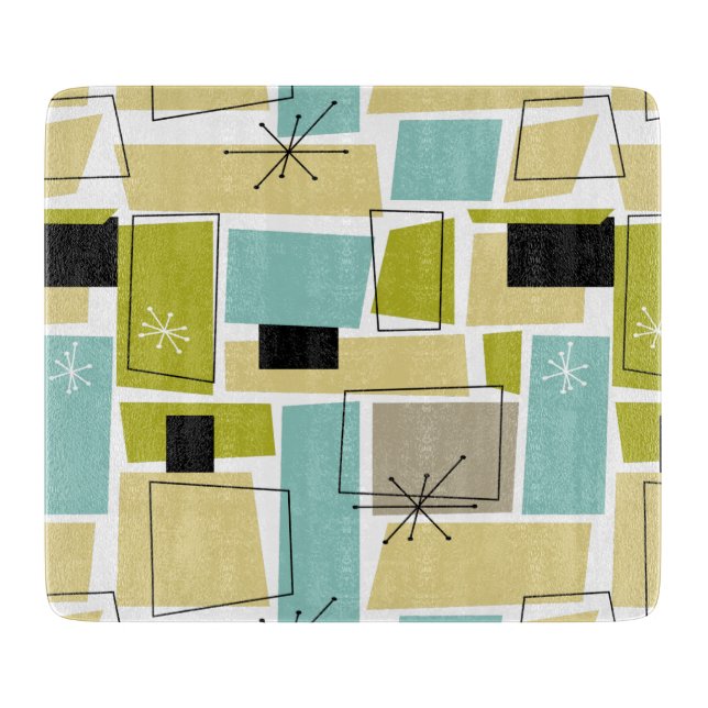 Yellow Aqua Blue Squares Starburst Mid Century Cutting Board (Front)