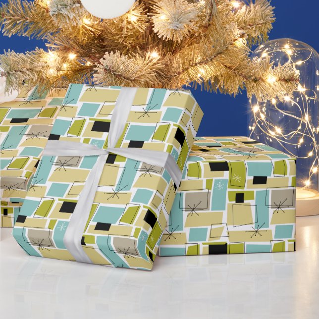 Yellow Aqua Blue Squares Starburst Mid Century Wrapping Paper (Holidays)