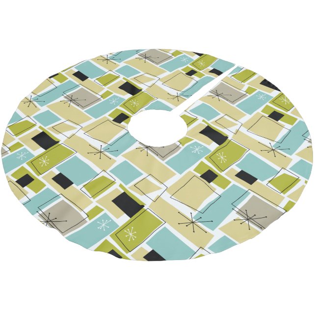 Yellow Aqua Blue Squares Starburst Midcentury Brushed Polyester Tree Skirt (Angled)