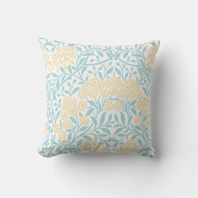 Yellow Aqua Floral Damask Pattern Cushion (Front)