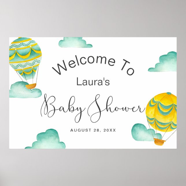 Yellow Aqua Hot Air Balloons Baby Shower Welcome Poster (Front)