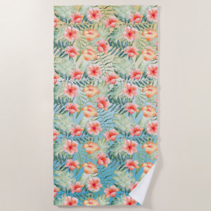  Yellow Aqua Pink Peach Hibiscus Floral      Beach Towel