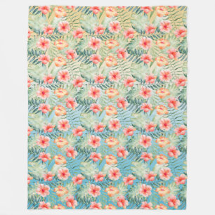  Yellow Aqua Pink Peach Hibiscus Floral   Fleece Blanket