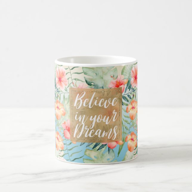  Yellow Aqua Pink Peach Hibiscus Floral Gold Dream Coffee Mug (Center)