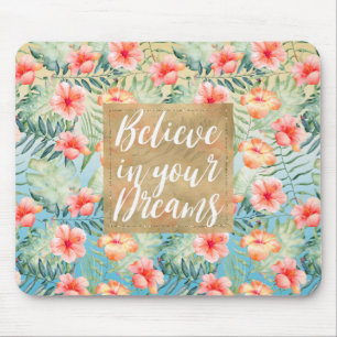  Yellow Aqua Pink Peach Hibiscus Floral Gold Dream Mouse Mat