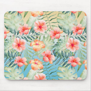 Yellow Aqua Pink Peach Hibiscus Floral  Mouse Mat