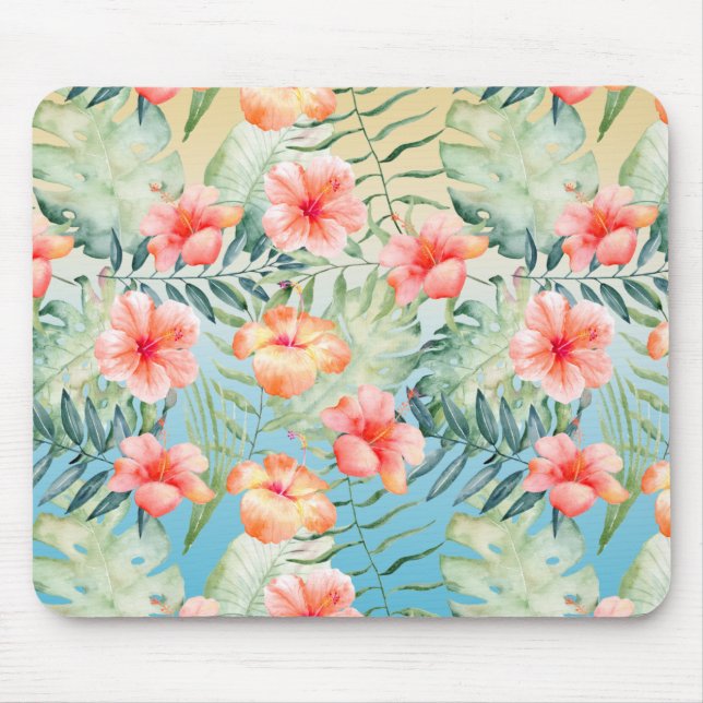  Yellow Aqua Pink Peach Hibiscus Floral  Mouse Mat (Front)
