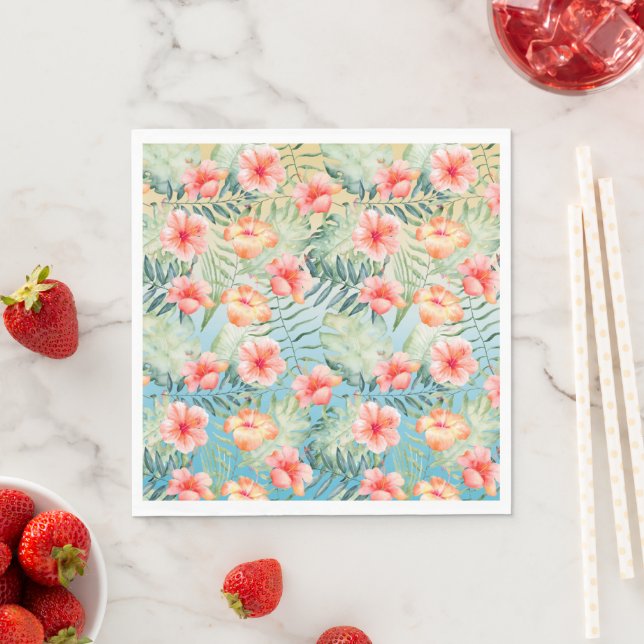  Yellow Aqua Pink Peach Hibiscus Floral           Napkin (Insitu)