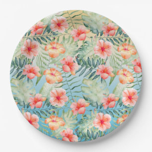  Yellow Aqua Pink Peach Hibiscus Floral        Paper Plate