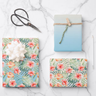  Yellow Aqua Pink Peach Hibiscus Floral       Wrapping Paper Sheet