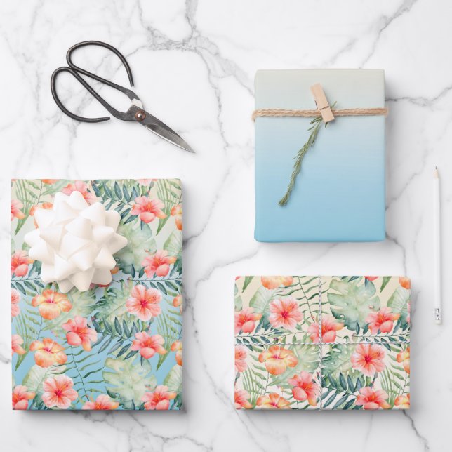  Yellow Aqua Pink Peach Hibiscus Floral       Wrapping Paper Sheet (Front)