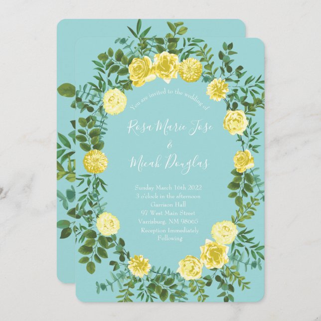 Yellow & Aqua Vintage Spring Floral Wedding Invitation (Front/Back)