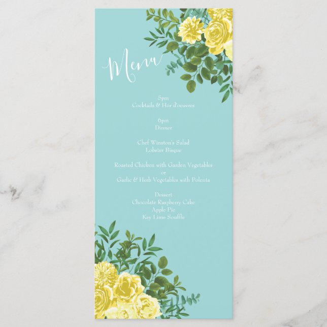 Yellow & Aqua Vintage Spring Floral Wedding Menu (Front)