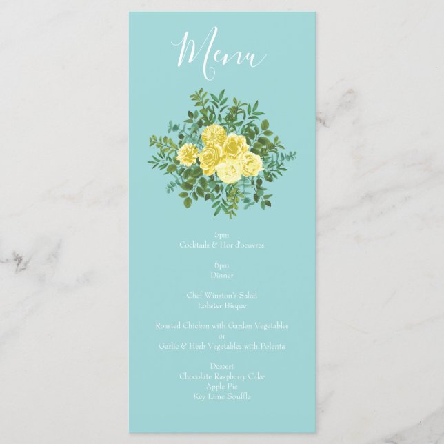 Yellow & Aqua Vintage Spring Floral Wedding Menu (Front)