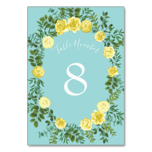 Yellow & Aqua Vintage Spring Floral Wedding Table Number