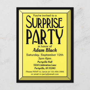 Yellow Art Deco Beveled Birthday Surprise Party Invitation Postcard