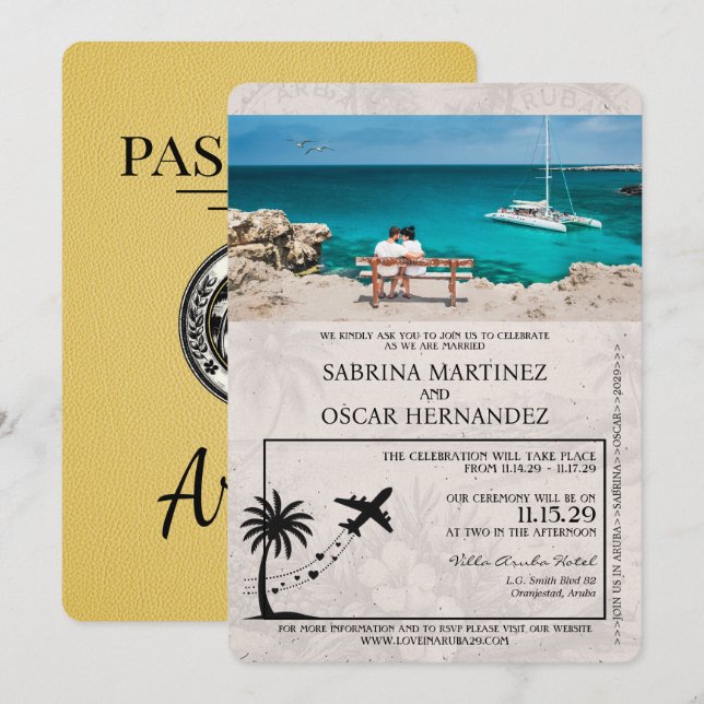 Yellow Aruba Passport Wedding Invitation (Front/Back)