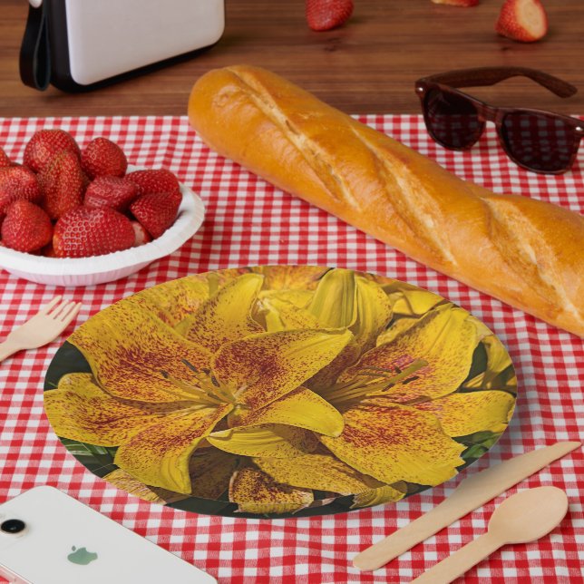 Yellow Asiatic Lily Blooms Floral Paper Plate (Picnic)