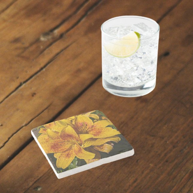 Yellow Asiatic Lily Blooms Floral Stone Coaster (In Situ)