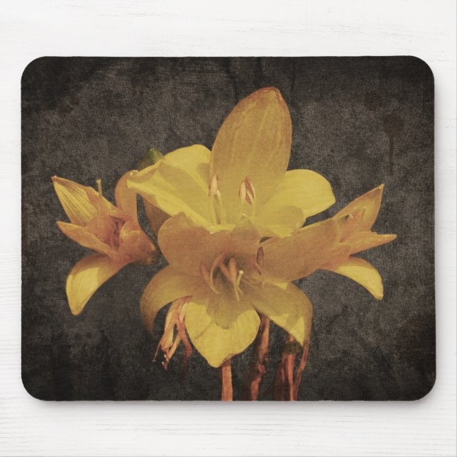 Yellow Asiatic lily on old grunged canvas backgrou Mouse Mat (Front)