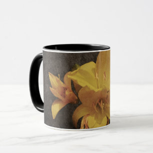 Yellow Asiatic lily on old grunged canvas backgrou Mug