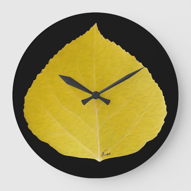 Yellow Aspen Leaf #5 Large Clock (Front)