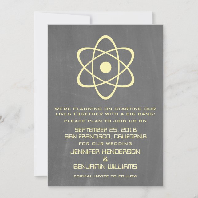 Yellow Atomic Chalkboard Save the Date Invite (Front)
