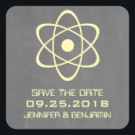 Yellow Atomic Chalkboard Save the Date Stickers<br><div class="desc">Cute and nerdy Atomic Chalkboard Save the Date Stickers featuring a simple atomic symbol in yellow on a chalkboard look background. These geeky and fun save the date stickers are perfect for announcing your science themed wedding! Easy to customise, simply add the details of your wedding in the spaces provided....</div>
