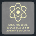 Yellow Atomic Chalkboard Save the Date Stickers<br><div class="desc">Cute and nerdy Atomic Chalkboard Save the Date Stickers featuring a simple atomic symbol in yellow on a chalkboard look background. These geeky and fun save the date stickers are perfect for announcing your science themed wedding! Easy to customise, simply add the details of your wedding in the spaces provided....</div>