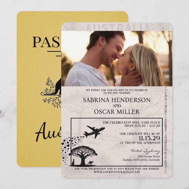 Yellow Australia Passport Wedding Invitation (Front/Back)